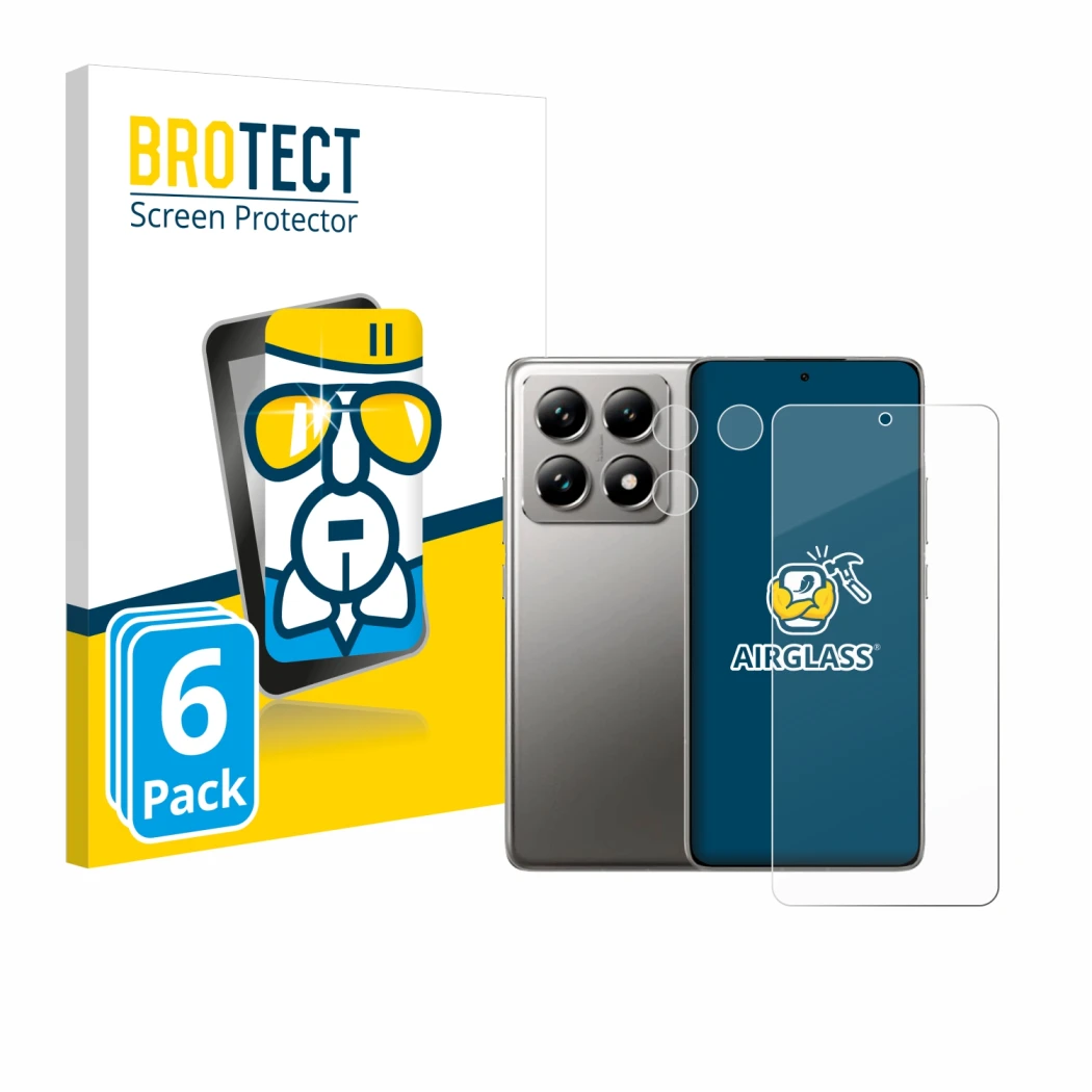 Parte frontal de un envase de producto con el logotipo de la marca BROTECT. Al lado se muestra el dispositivo Xiaomi 14T Pro (