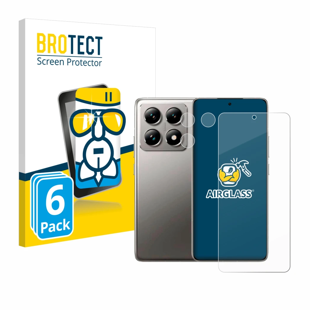 Parte frontal de un envase de producto con el logotipo de la marca BROTECT. Al lado se muestra el dispositivo Xiaomi 14T (Fron