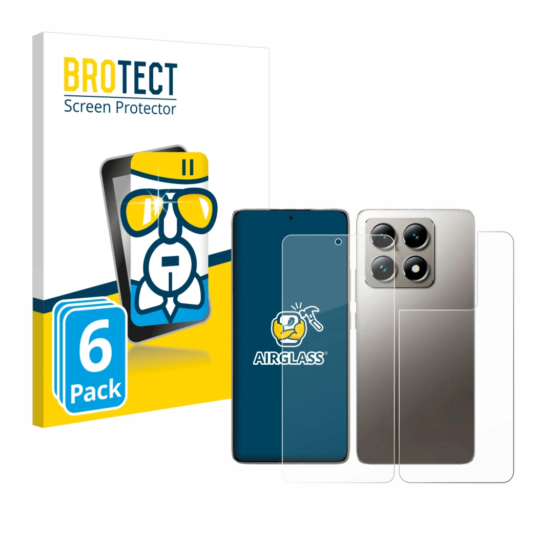 Parte frontal de un envase de producto con el logotipo de la marca BROTECT. Al lado se muestra el dispositivo Xiaomi 14T (Fron