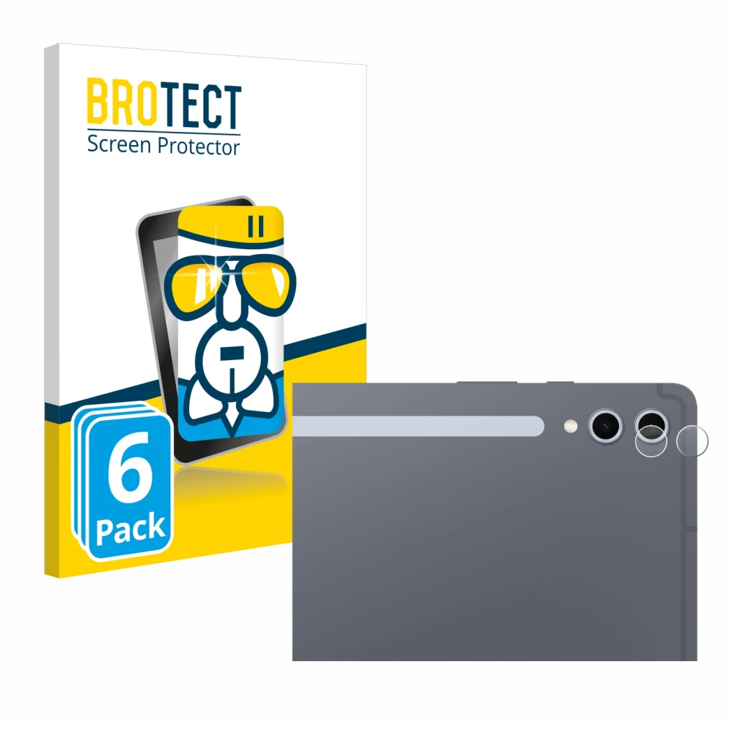 Parte frontal de un envase de producto con el logotipo de la marca BROTECT. Al lado se muestra el dispositivo Samsung Galaxy T
