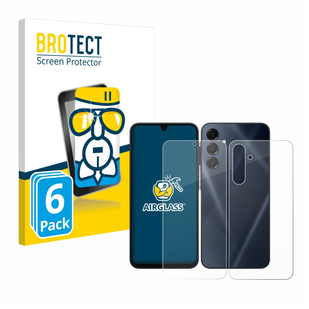 Parte frontal de un envase de producto con el logotipo de la marca BROTECT. Al lado se muestra el dispositivo Samsung Galaxy A