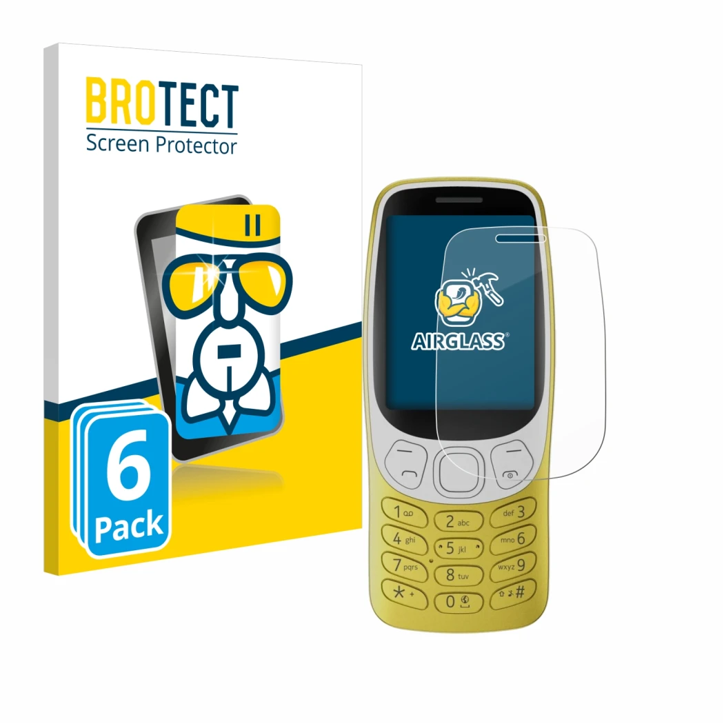Parte frontal de un envase de producto con el logotipo de la marca BROTECT. Al lado se muestra el dispositivo Nokia 3210 con s