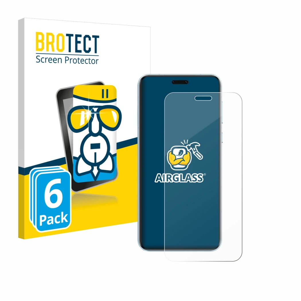 Parte frontal de un envase de producto con el logotipo de la marca BROTECT. Al lado se muestra el dispositivo Honor Magic 7 RS