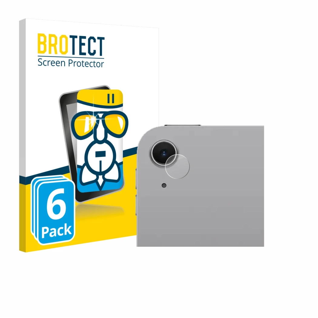 Parte frontal de un envase de producto con el logotipo de la marca BROTECT. Al lado se muestra el dispositivo Apple iPad Air 1