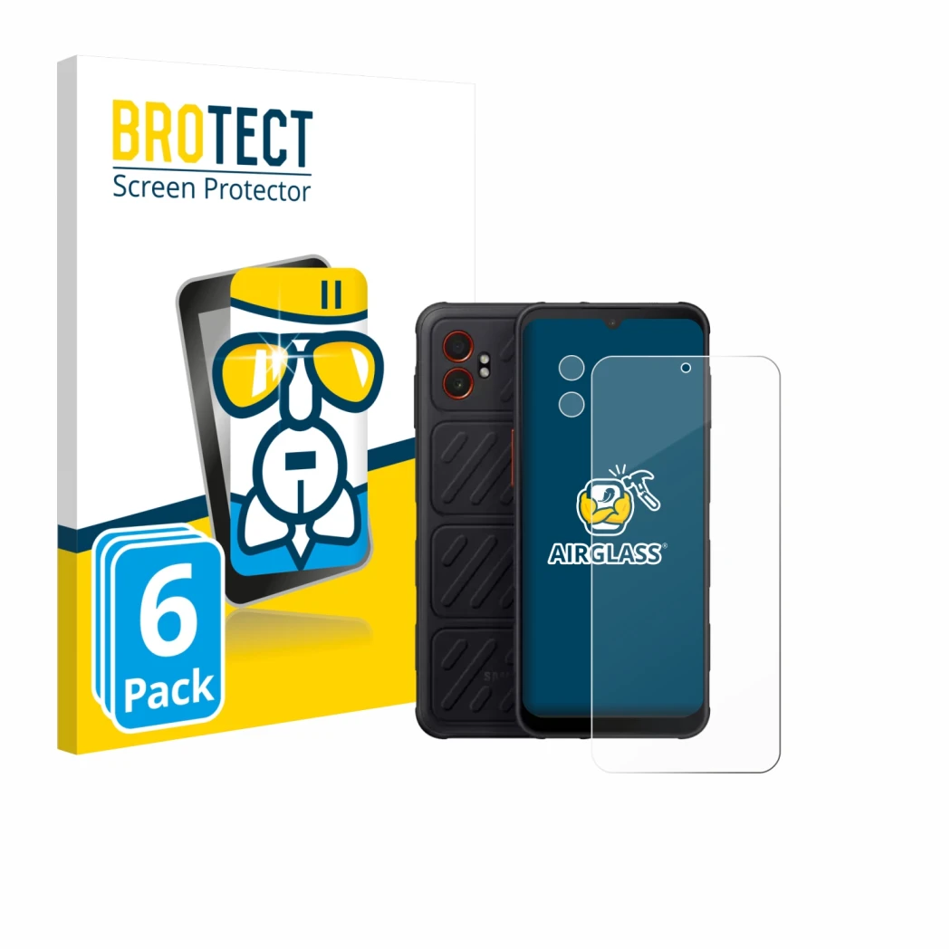 Parte frontal de un envase de producto con el logotipo de la marca BROTECT. Al lado se muestra el dispositivo Samsung Galaxy X
