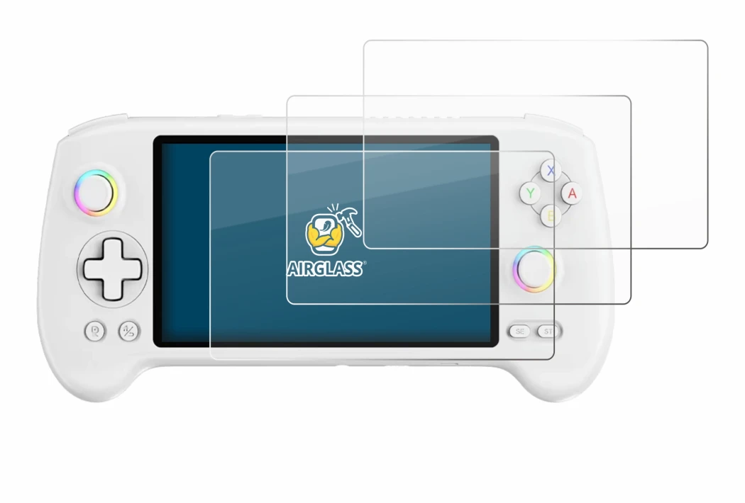 Imagen del dispositivo Anbernic RG557 con una amplia variedad de protectores de pantalla.