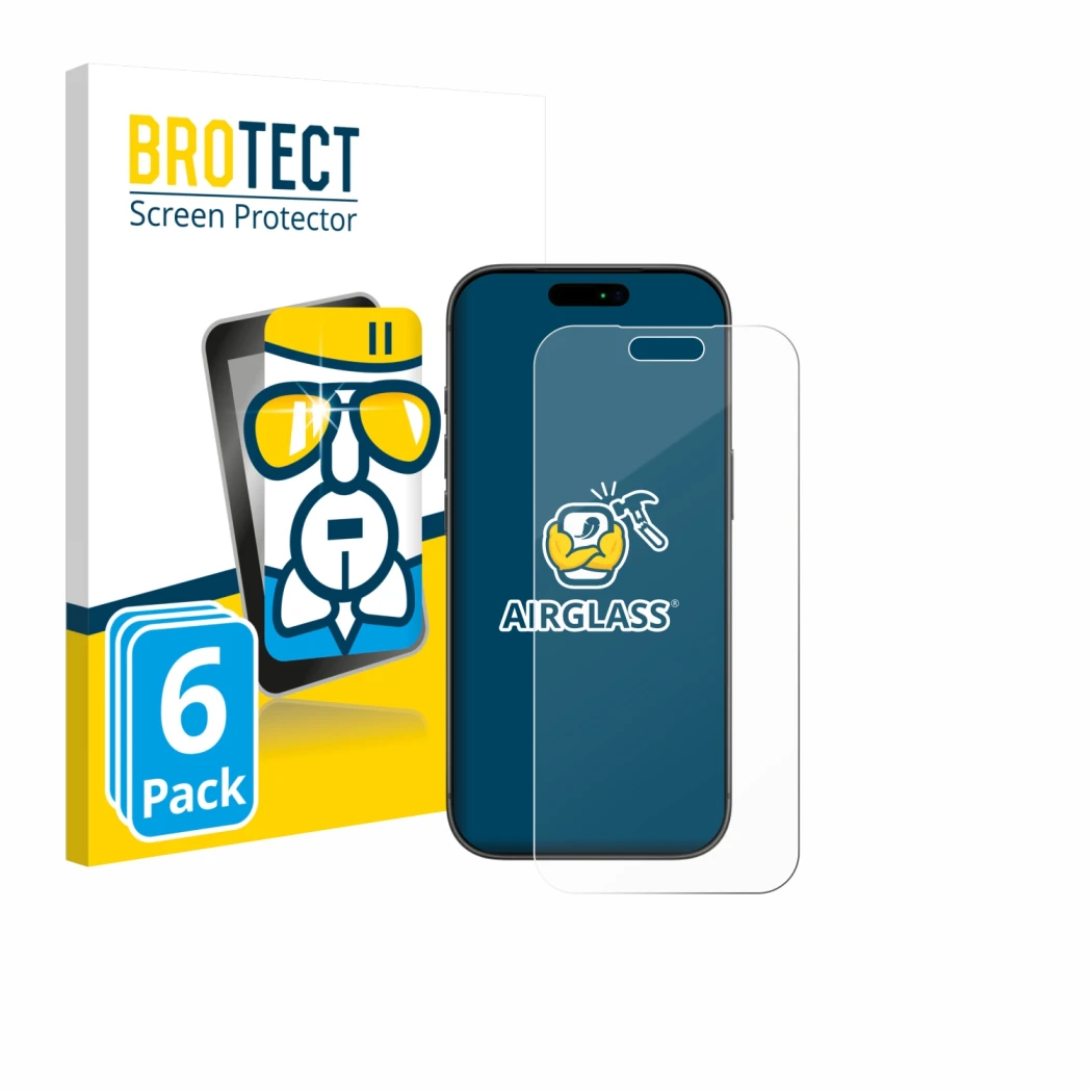 Parte frontal de un envase de producto con el logotipo de la marca BROTECT. Al lado se muestra el dispositivo Apple iPhone 17 