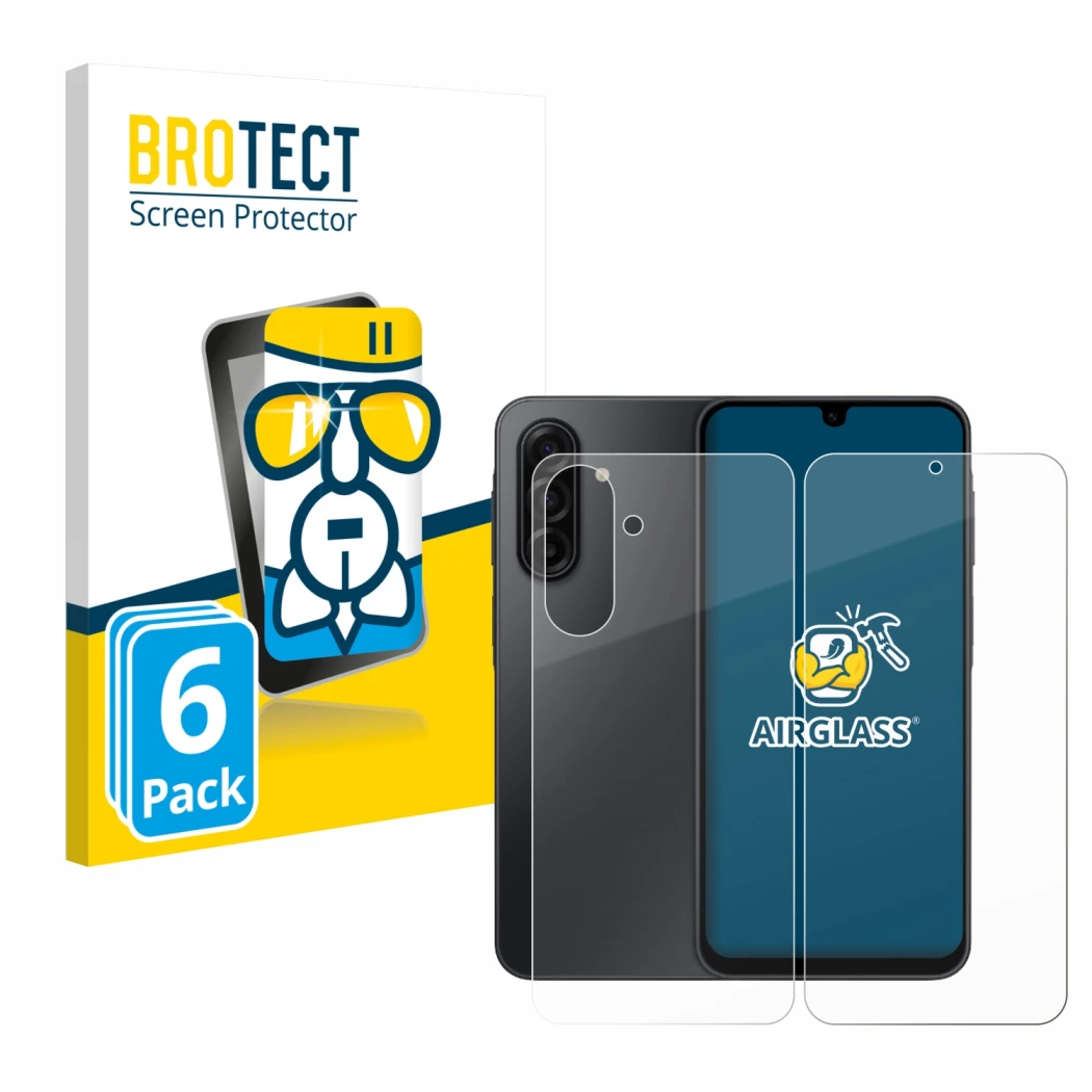 Parte frontal de un envase de producto con el logotipo de la marca BROTECT. Al lado se muestra el dispositivo Samsung Galaxy A