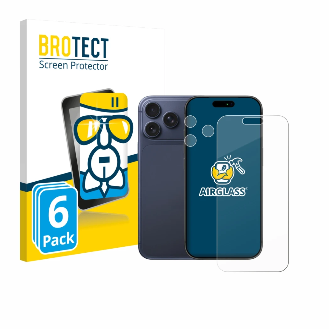 Parte frontal de un envase de producto con el logotipo de la marca BROTECT. Al lado se muestra el dispositivo Apple iPhone 17 