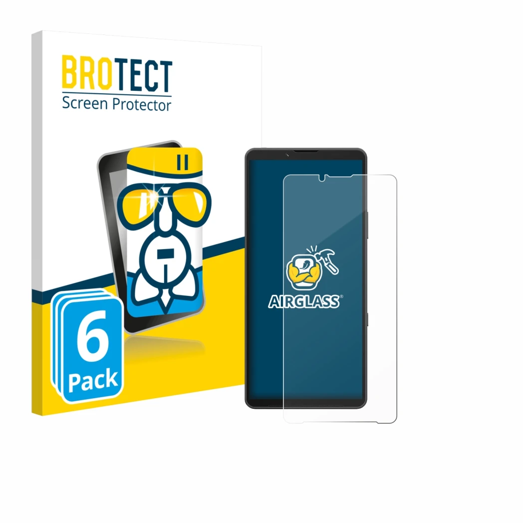 Parte frontal de un envase de producto con el logotipo de la marca BROTECT. Al lado se muestra el dispositivo Sony Xperia 10 V