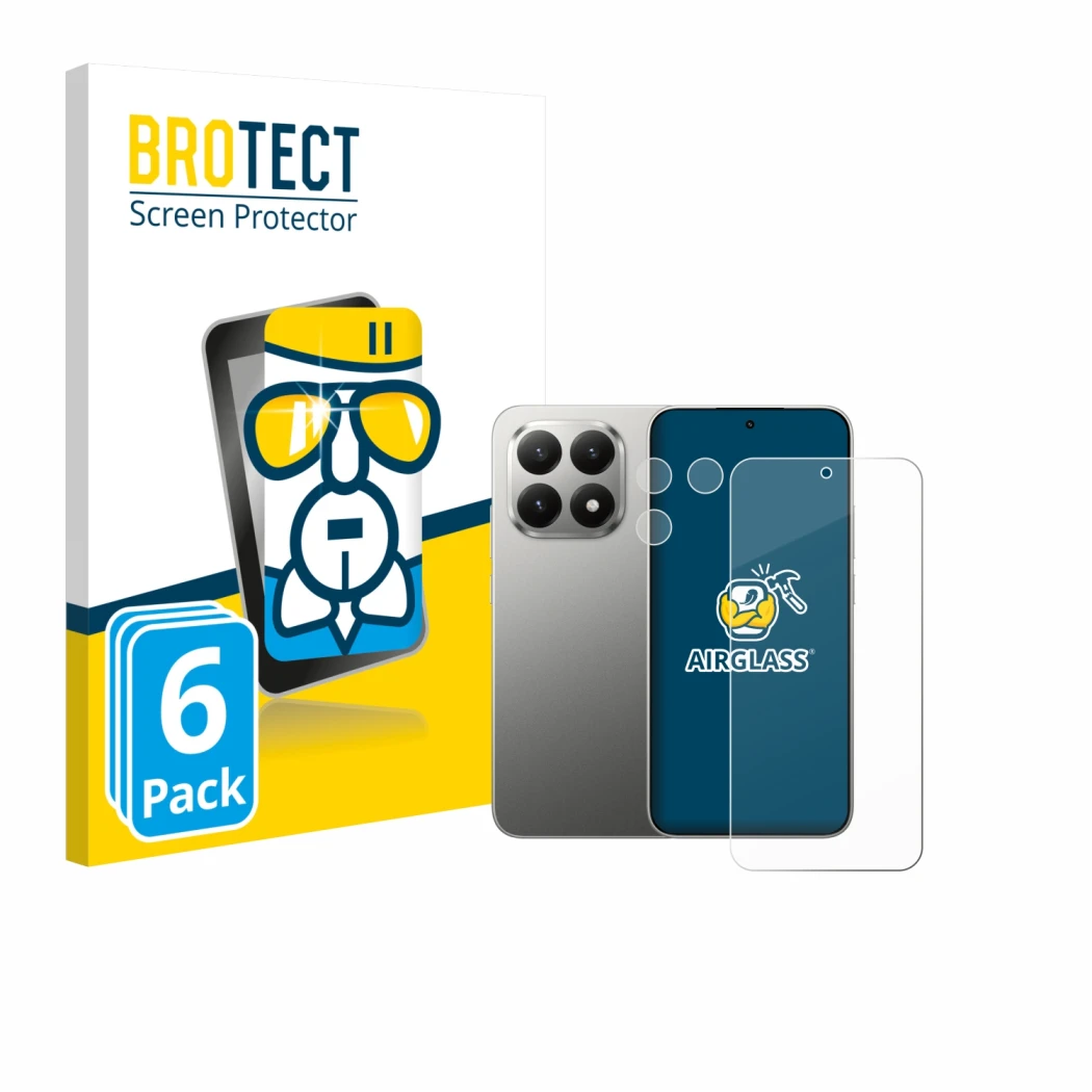 Parte frontal de un envase de producto con el logotipo de la marca BROTECT. Al lado se muestra el dispositivo Xiaomi 15T (Fron