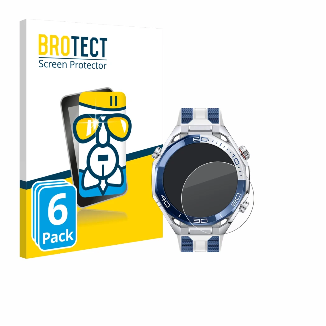 Parte frontal de un envase de producto con el logotipo de la marca BROTECT. Al lado se muestra el dispositivo Huawei Watch Ult
