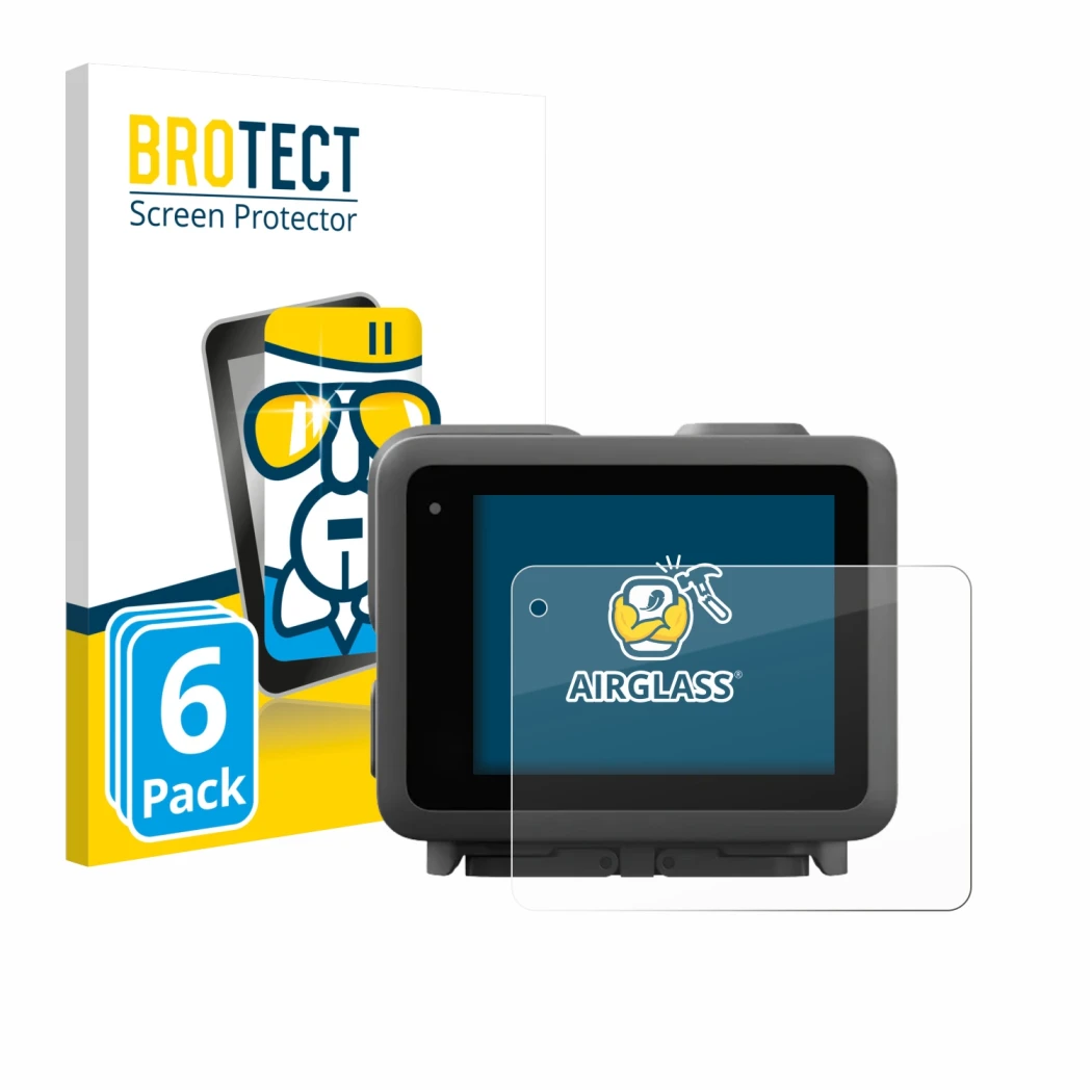 Parte frontal de un envase de producto con el logotipo de la marca BROTECT. Al lado se muestra el dispositivo GoPro Lit Hero c