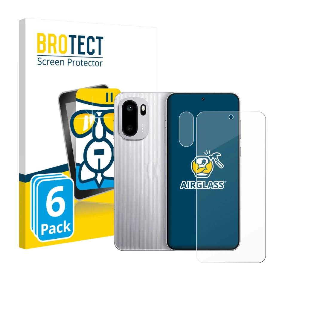 Parte frontal de un envase de producto con el logotipo de la marca BROTECT. Al lado se muestra el dispositivo OnePlus 15R (Fro