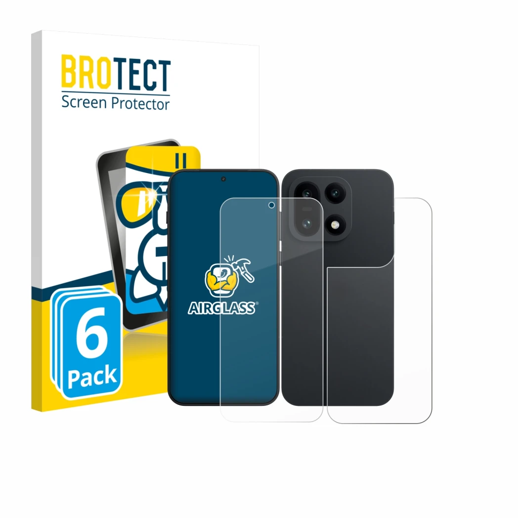 Parte frontal de un envase de producto con el logotipo de la marca BROTECT. Al lado se muestra el dispositivo OnePlus 15 (Fron