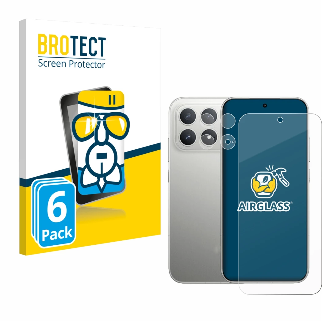 Parte frontal de un envase de producto con el logotipo de la marca BROTECT. Al lado se muestra el dispositivo Xiaomi Poco F8 P