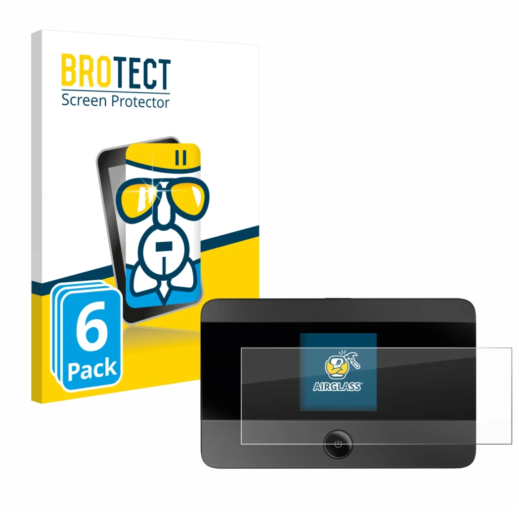 Parte frontal de un envase de producto con el logotipo de la marca BROTECT. Al lado se muestra el dispositivo TP-Link M7350 co