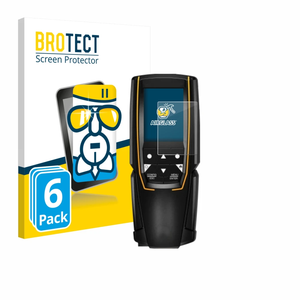 Parte frontal de un envase de producto con el logotipo de la marca BROTECT. Al lado se muestra el dispositivo Testo 310 (2da G