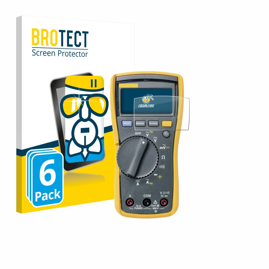 Parte frontal de un envase de producto con el logotipo de la marca BROTECT. Al lado se muestra el dispositivo Fluke MultiMeter