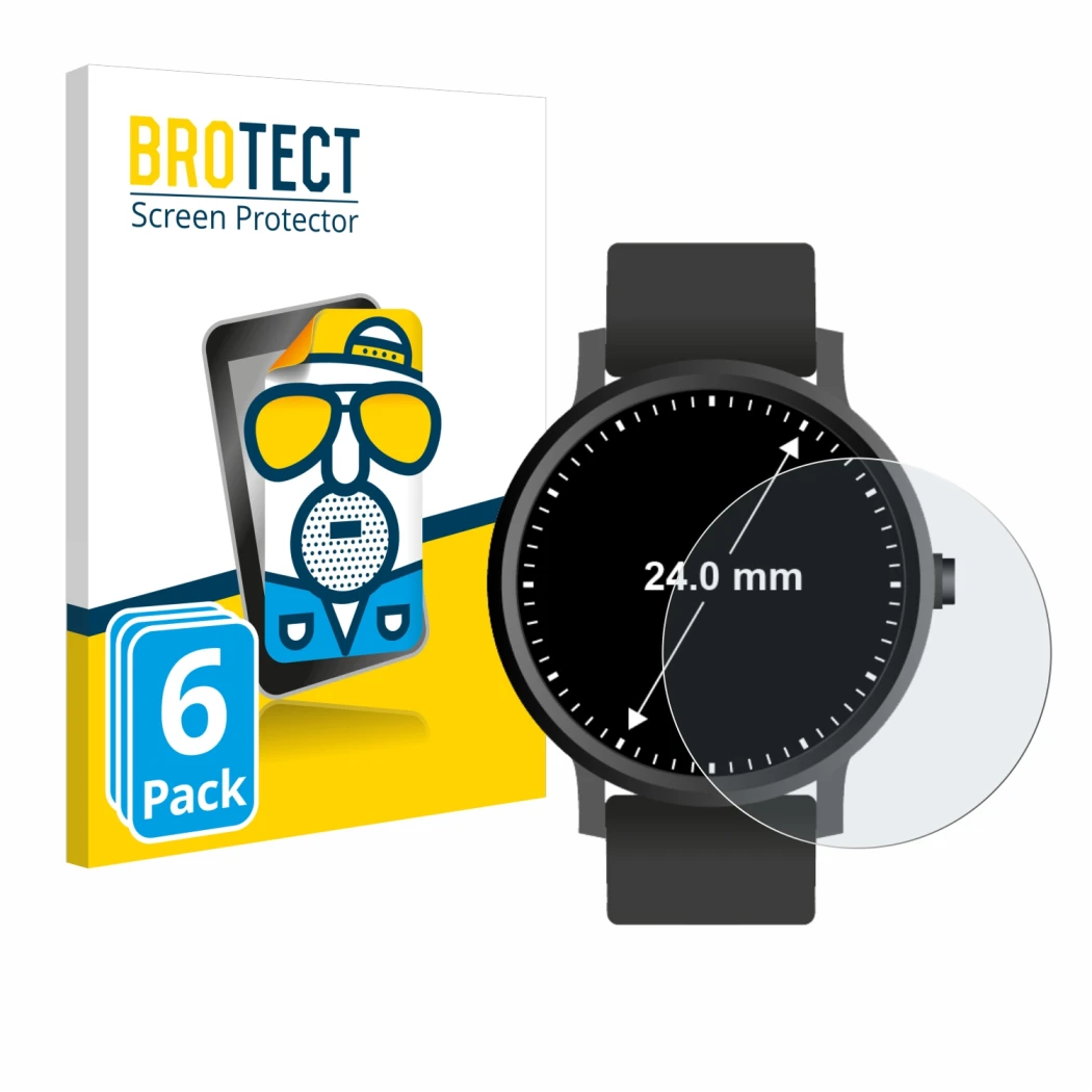 Parte frontal de un envase de producto con el logotipo de la marca BROTECT. Al lado se muestra el dispositivo Relojes (Circula