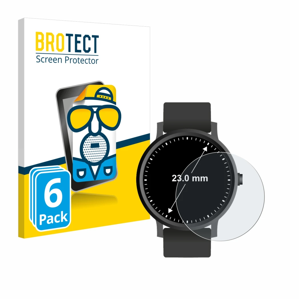 Parte frontal de un envase de producto con el logotipo de la marca BROTECT. Al lado se muestra el dispositivo Relojes (Circula