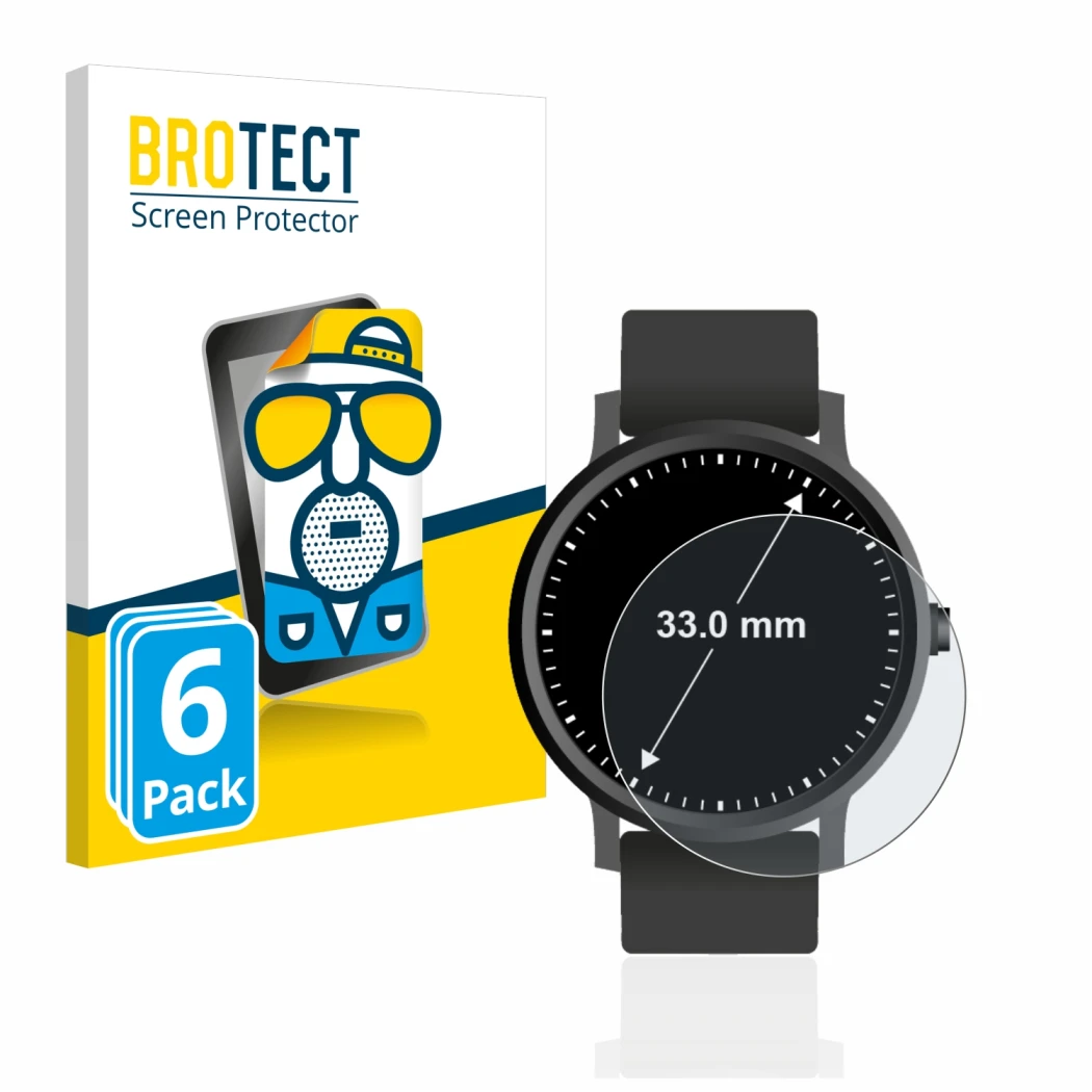 Parte frontal de un envase de producto con el logotipo de la marca BROTECT. Al lado se muestra el dispositivo Relojes (Circula