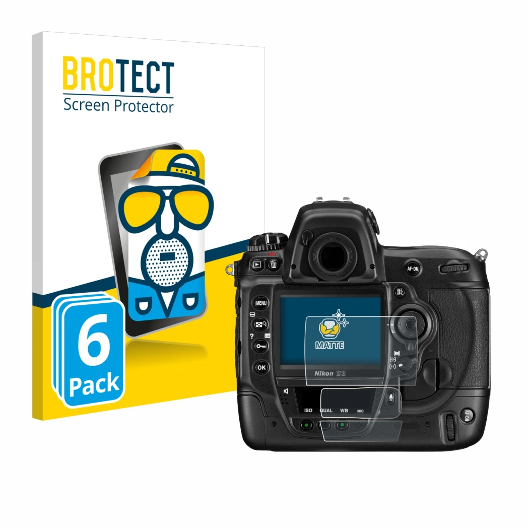 Parte frontal de un envase de producto con el logotipo de la marca BROTECT. Al lado se muestra el dispositivo Nikon D3 con su