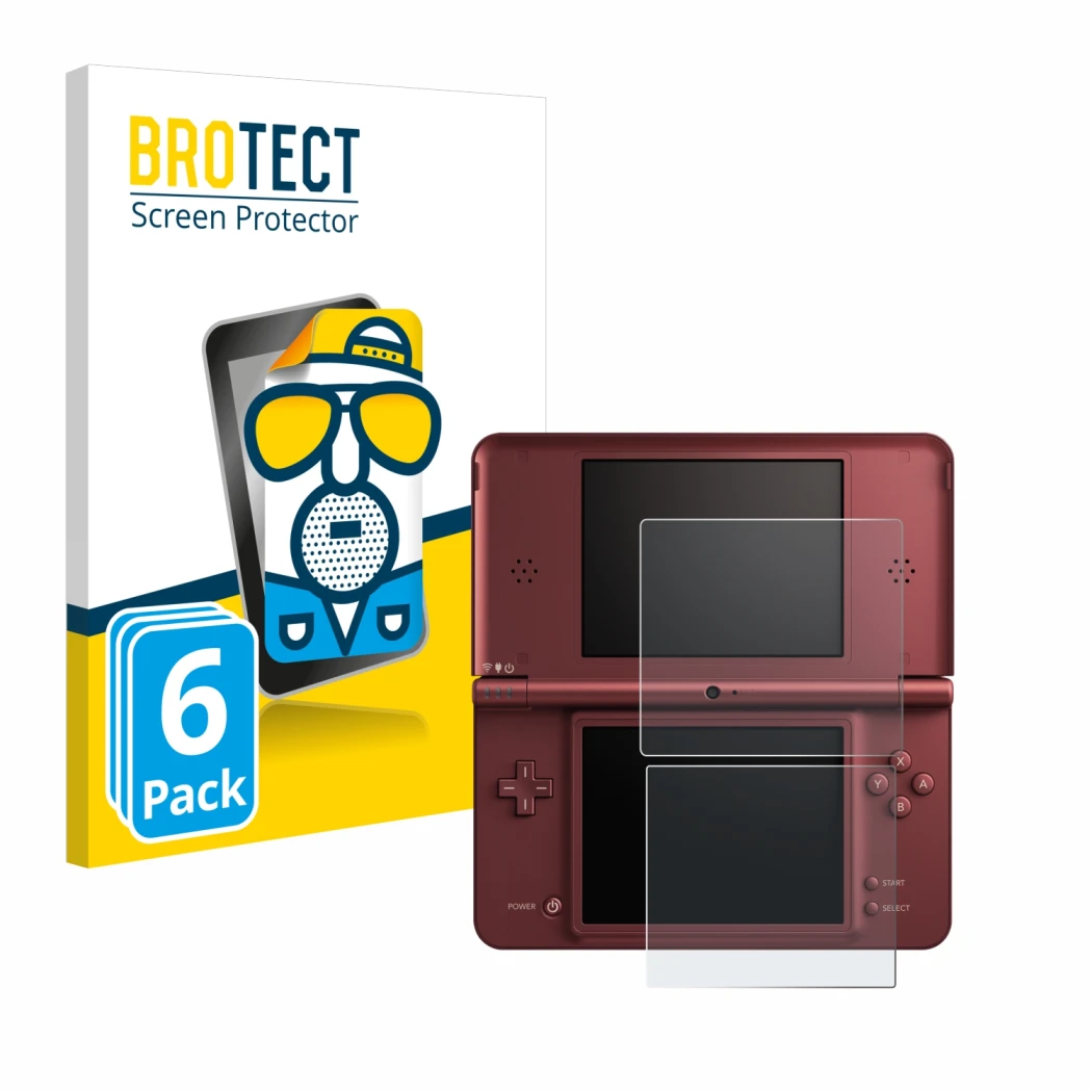 Parte frontal de un envase de producto con el logotipo de la marca BROTECT. Al lado se muestra el dispositivo Nintendo DSi XL 