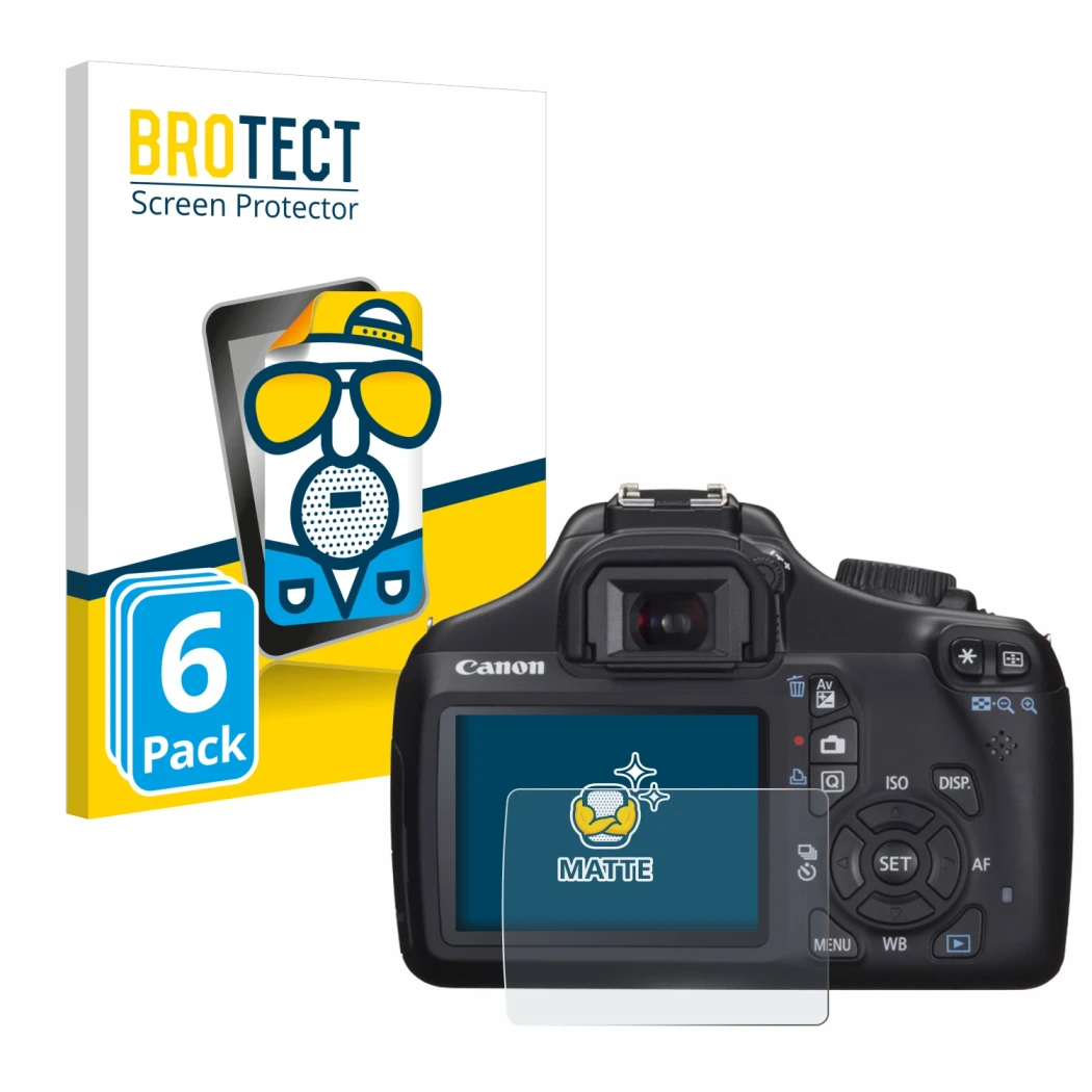 Parte frontal de un envase de producto con el logotipo de la marca BROTECT. Al lado se muestra el dispositivo Canon EOS 1100D 