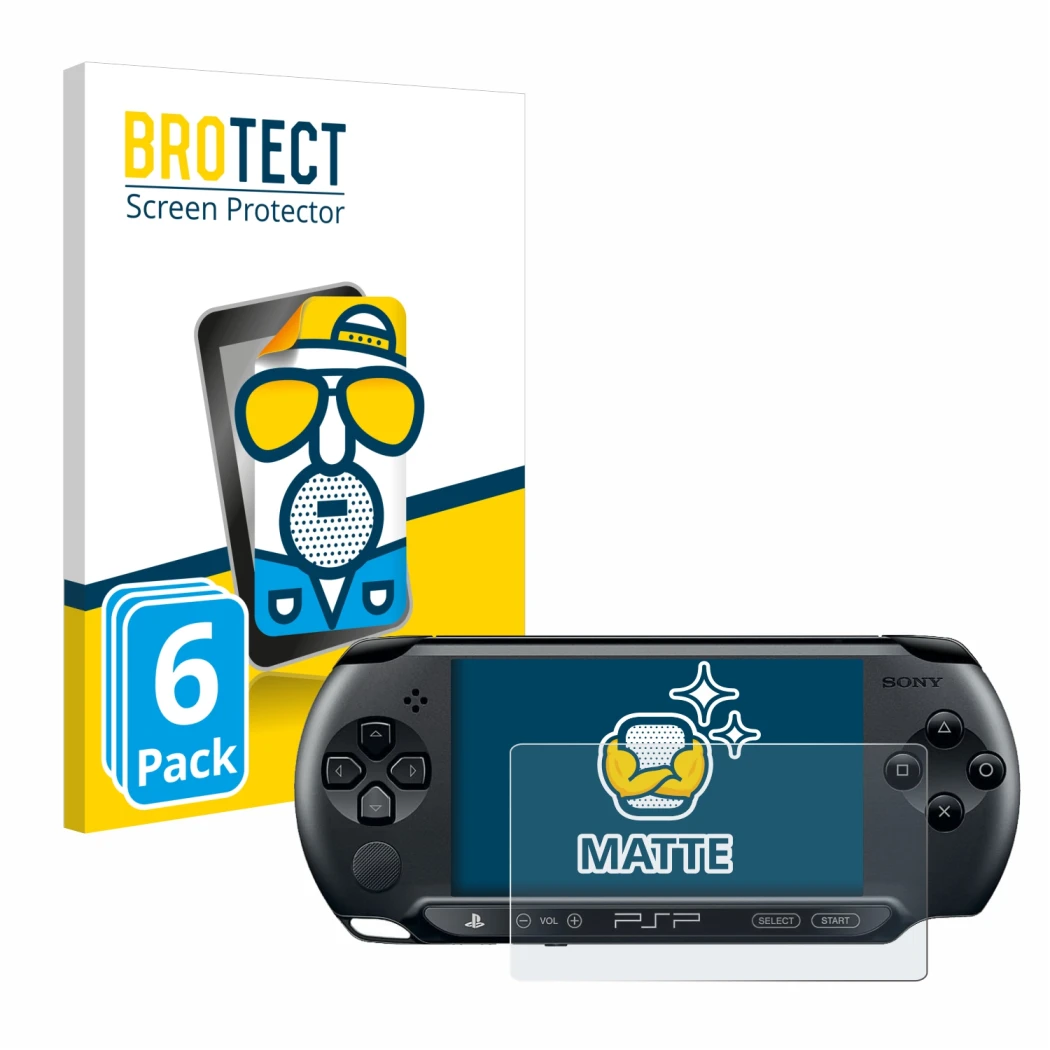 Parte frontal de un envase de producto con el logotipo de la marca BROTECT. Al lado se muestra el dispositivo Sony PSP 1004 co