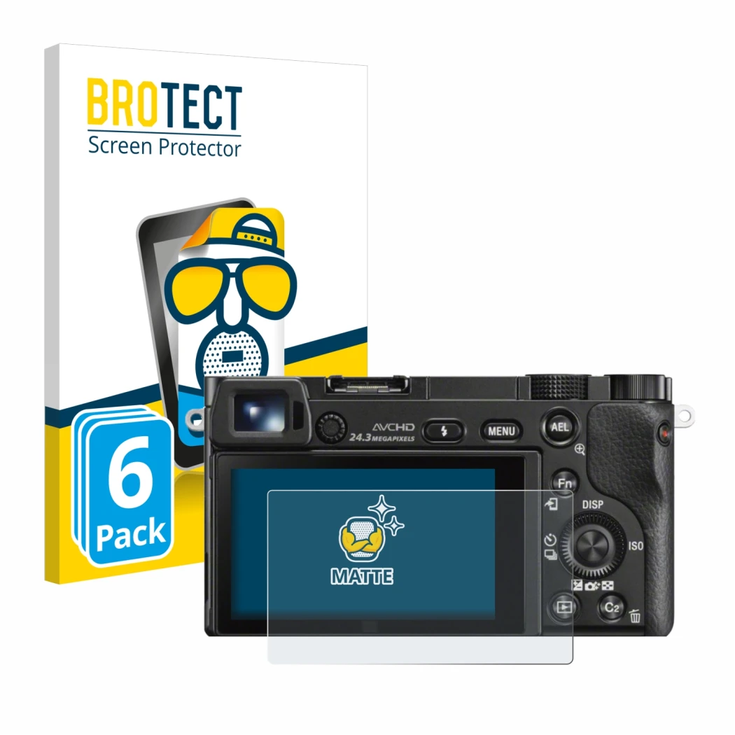 Parte frontal de un envase de producto con el logotipo de la marca BROTECT. Al lado se muestra el dispositivo Sony Alpha 6000
