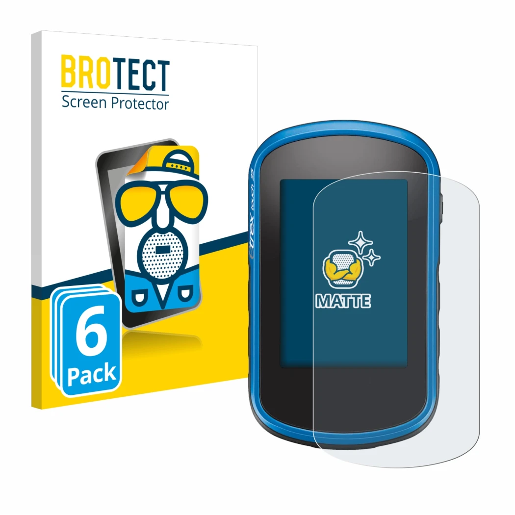 Parte frontal de un envase de producto con el logotipo de la marca BROTECT. Al lado se muestra el dispositivo Garmin eTrex Tou