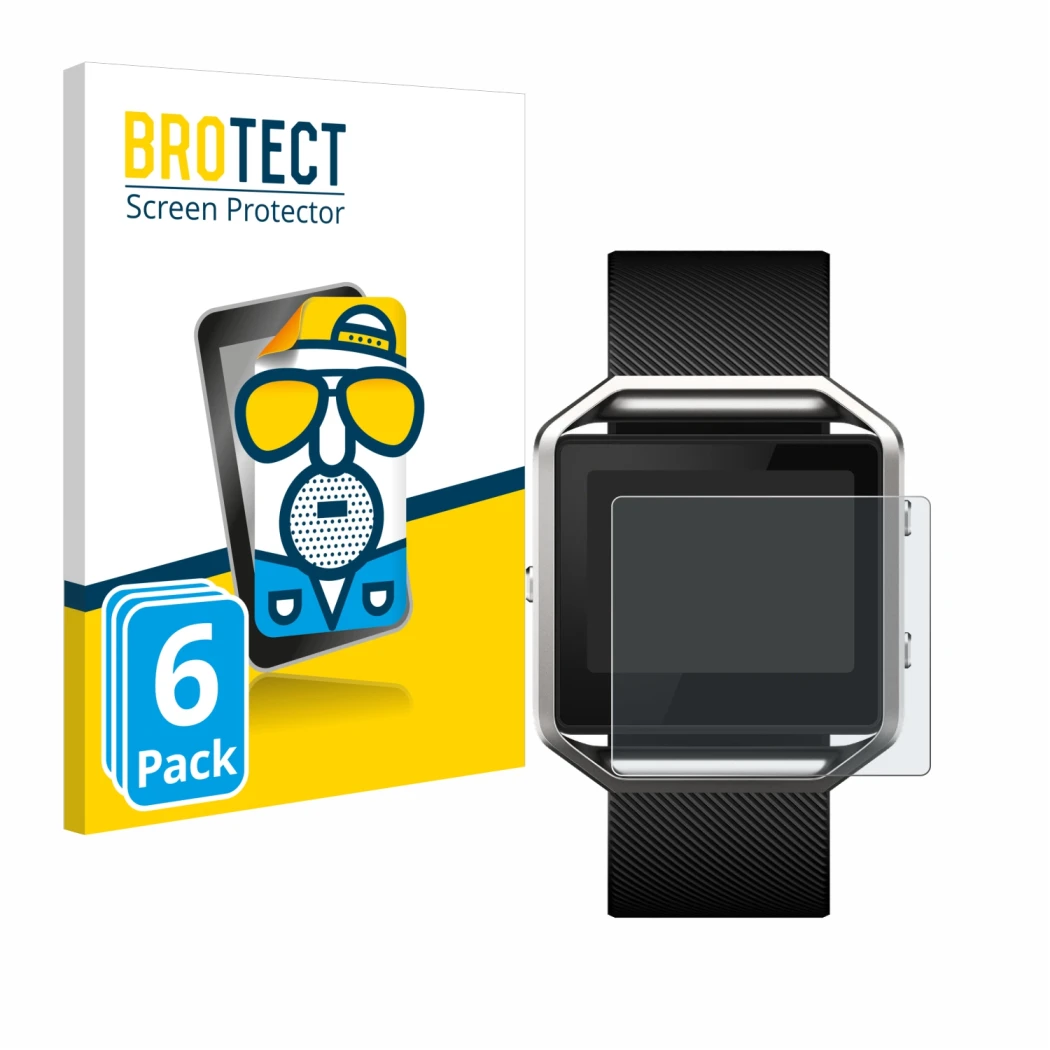 Parte frontal de un envase de producto con el logotipo de la marca BROTECT. Al lado se muestra el dispositivo Fitbit Blaze con