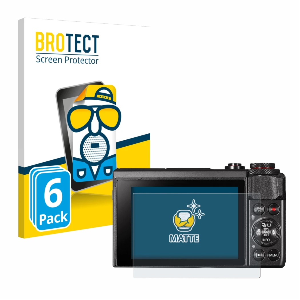 Parte frontal de un envase de producto con el logotipo de la marca BROTECT. Al lado se muestra el dispositivo Canon PowerShot 