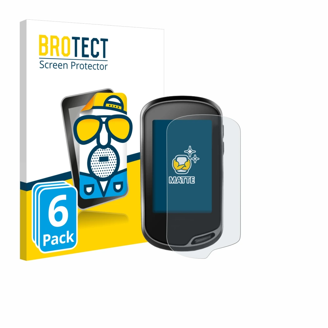 Parte frontal de un envase de producto con el logotipo de la marca BROTECT. Al lado se muestra el dispositivo Garmin Oregon 70