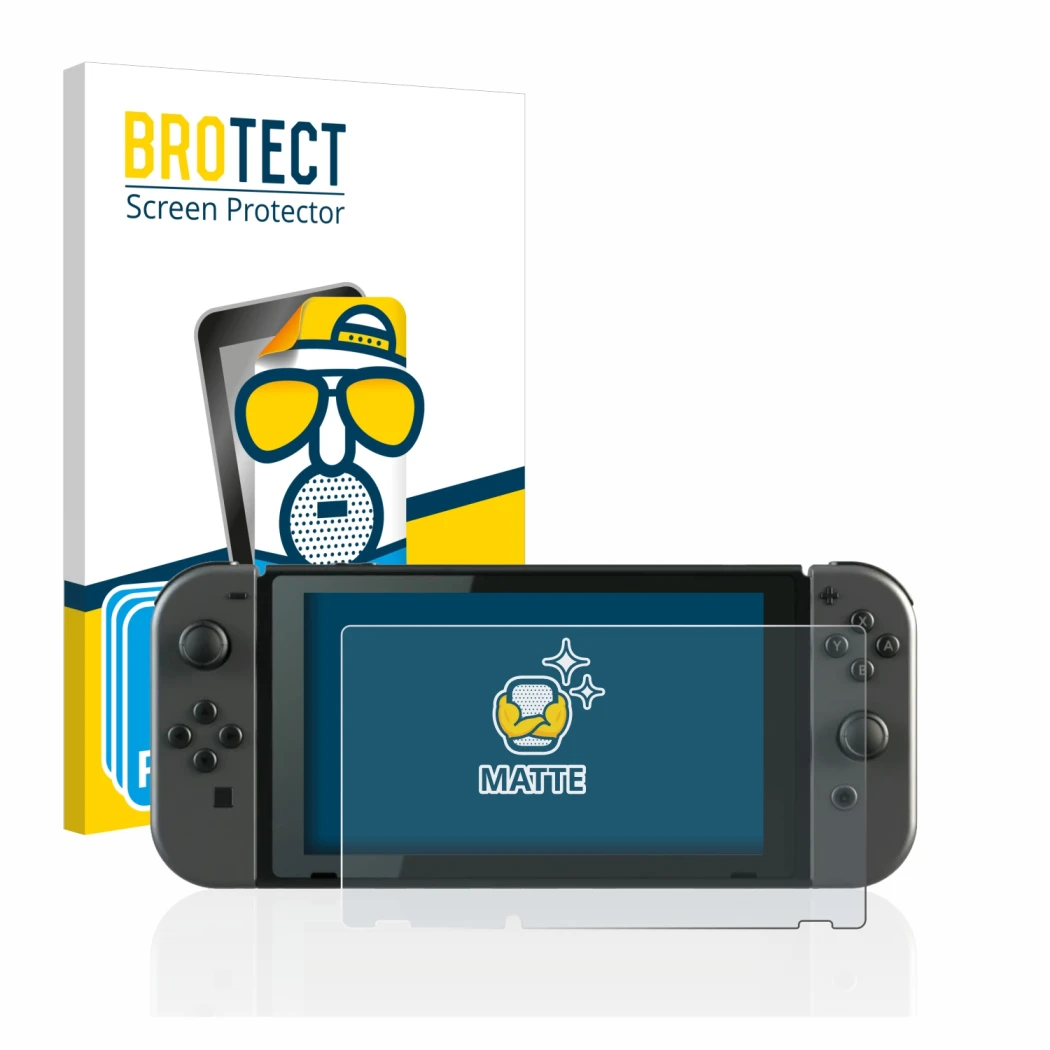 Parte frontal de un envase de producto con el logotipo de la marca BROTECT. Al lado se muestra el dispositivo Nintendo Switch 