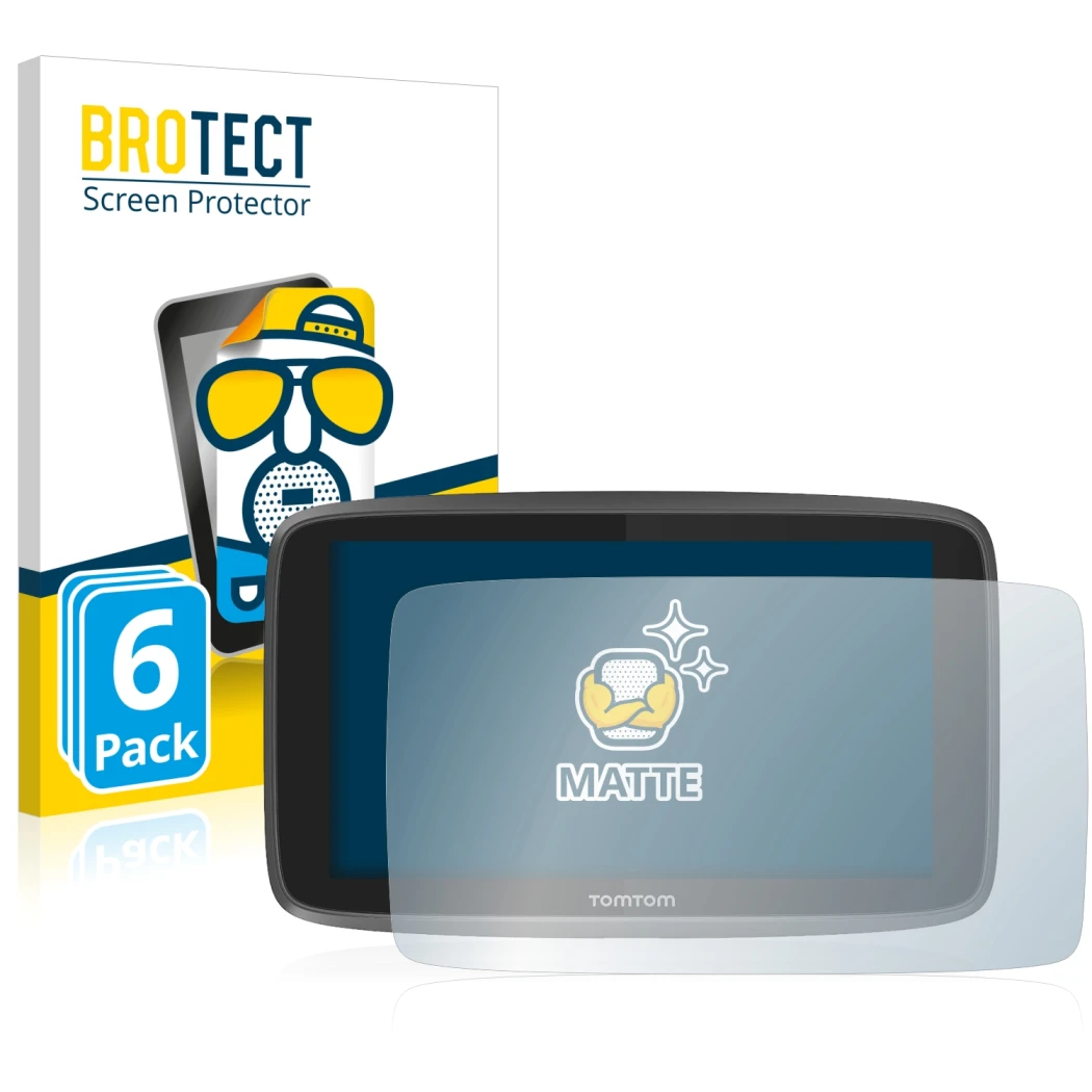 Parte frontal de un envase de producto con el logotipo de la marca BROTECT. Al lado se muestra el dispositivo TomTom Go 6200 c