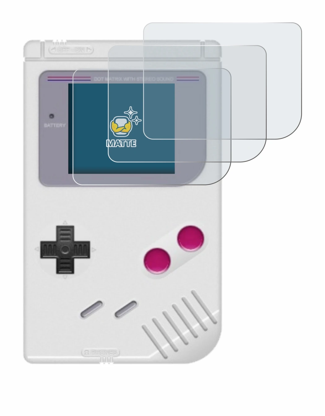 Imagen del dispositivo Nintendo Gameboy (1989) con una amplia variedad de protectores de pantalla.