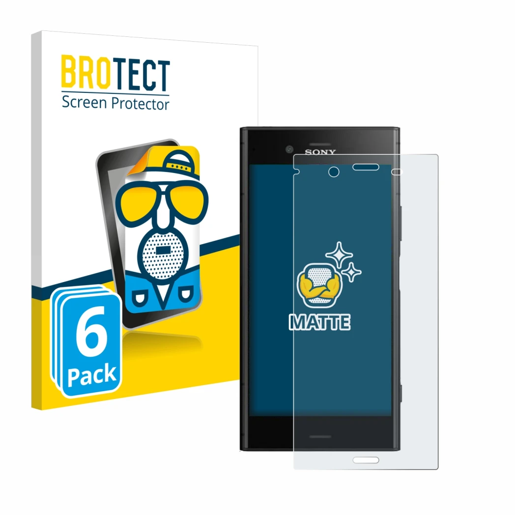 Parte frontal de un envase de producto con el logotipo de la marca BROTECT. Al lado se muestra el dispositivo Sony Xperia XZ1