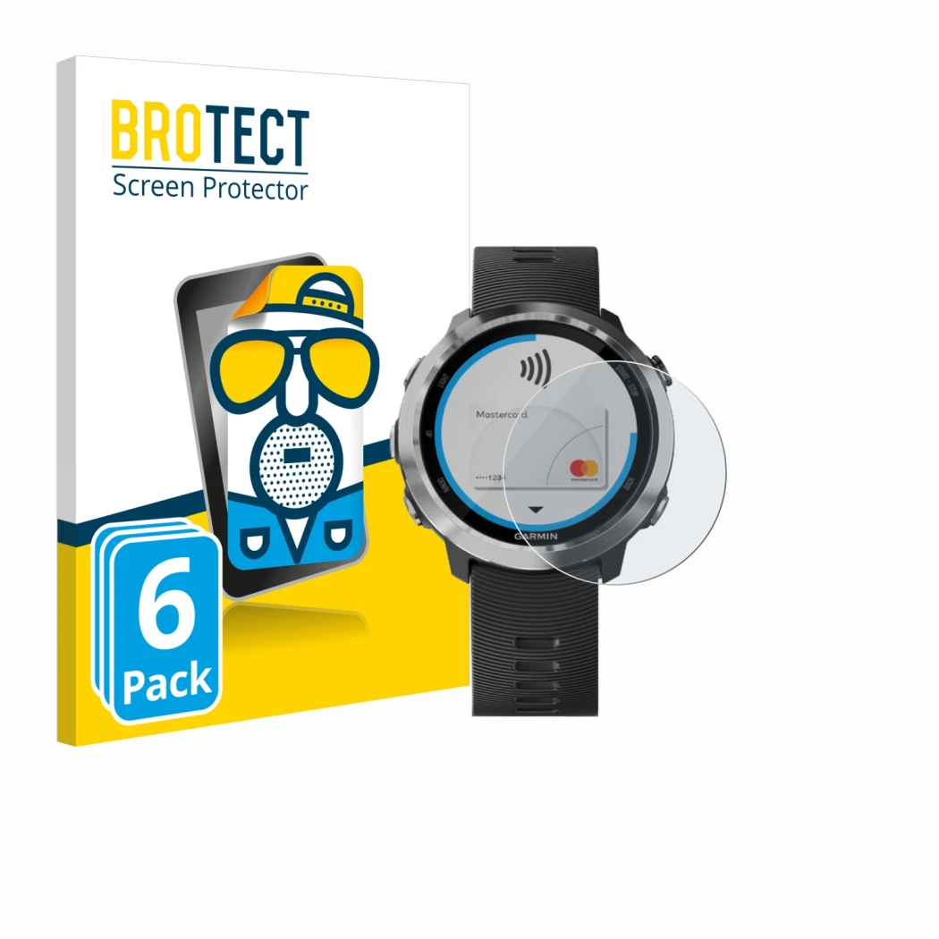 Parte frontal de un envase de producto con el logotipo de la marca BROTECT. Al lado se muestra el dispositivo Garmin Forerunne