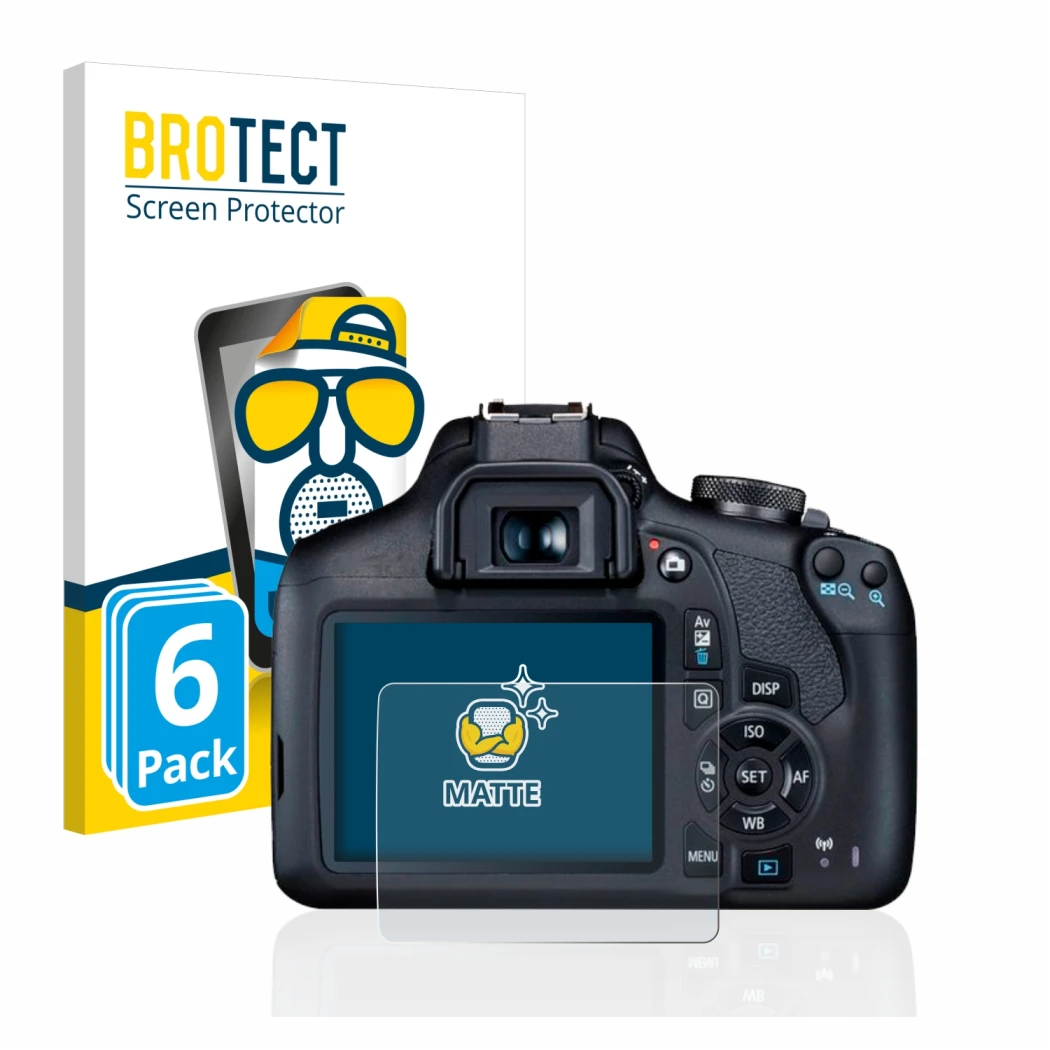 Parte frontal de un envase de producto con el logotipo de la marca BROTECT. Al lado se muestra el dispositivo Canon EOS 2000D