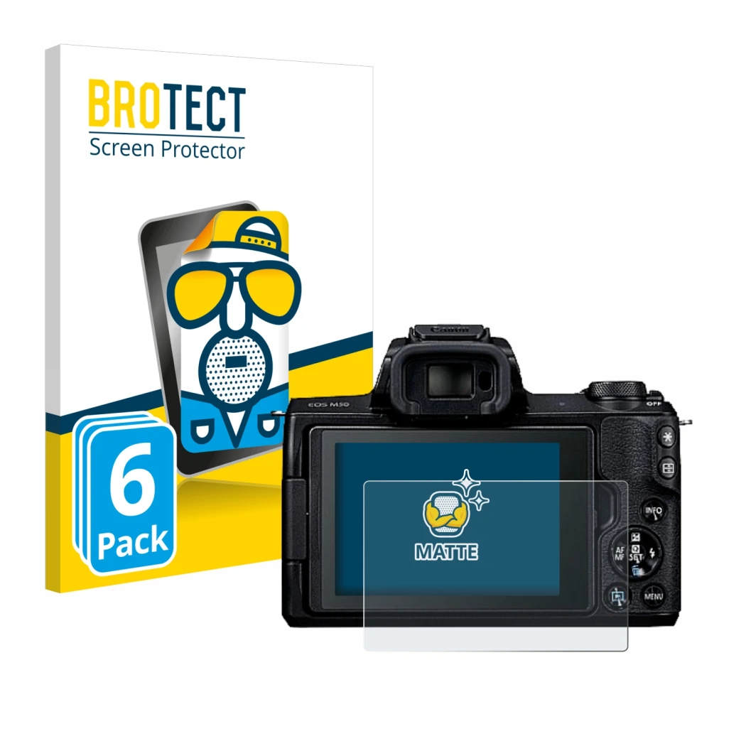 Parte frontal de un envase de producto con el logotipo de la marca BROTECT. Al lado se muestra el dispositivo Canon EOS M50 co