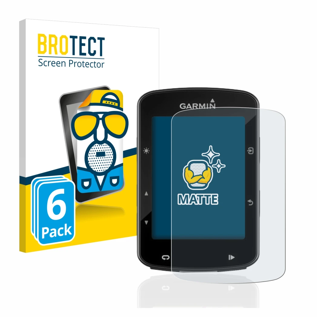 Parte frontal de un envase de producto con el logotipo de la marca BROTECT. Al lado se muestra el dispositivo Garmin Edge 520