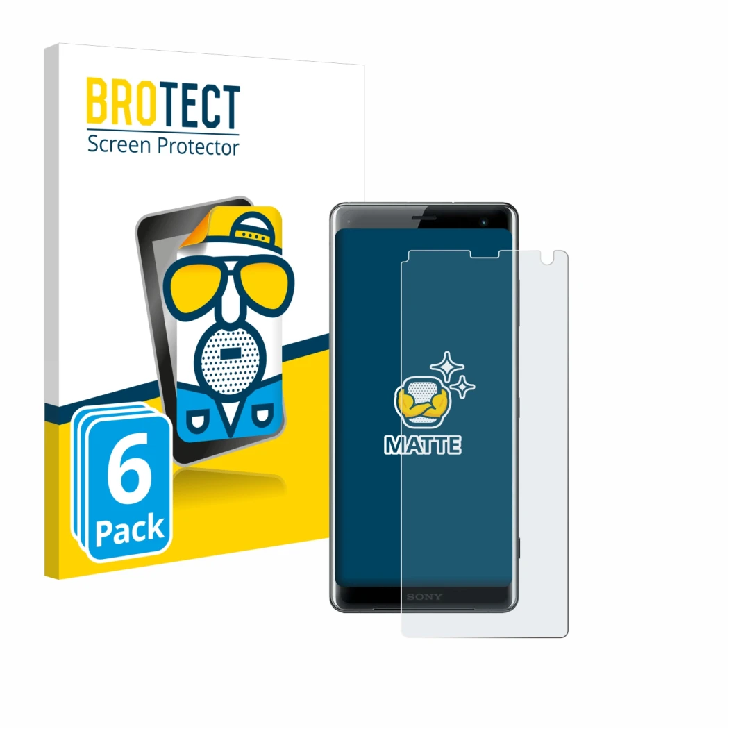 Parte frontal de un envase de producto con el logotipo de la marca BROTECT. Al lado se muestra el dispositivo Sony Xperia XZ3