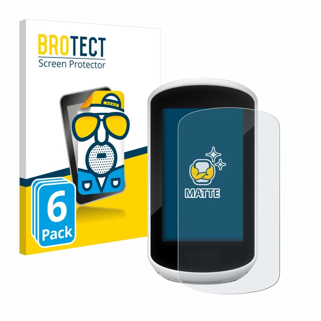 Parte frontal de un envase de producto con el logotipo de la marca BROTECT. Al lado se muestra el dispositivo Garmin Edge Expl