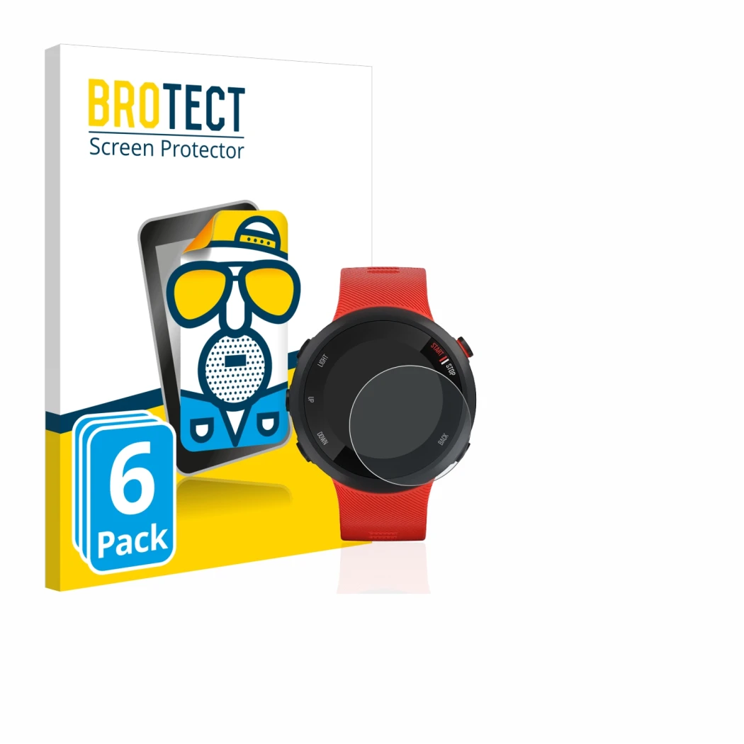 Parte frontal de un envase de producto con el logotipo de la marca BROTECT. Al lado se muestra el dispositivo Garmin Forerunne