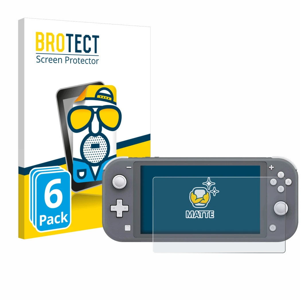 Parte frontal de un envase de producto con el logotipo de la marca BROTECT. Al lado se muestra el dispositivo Nintendo Switch 