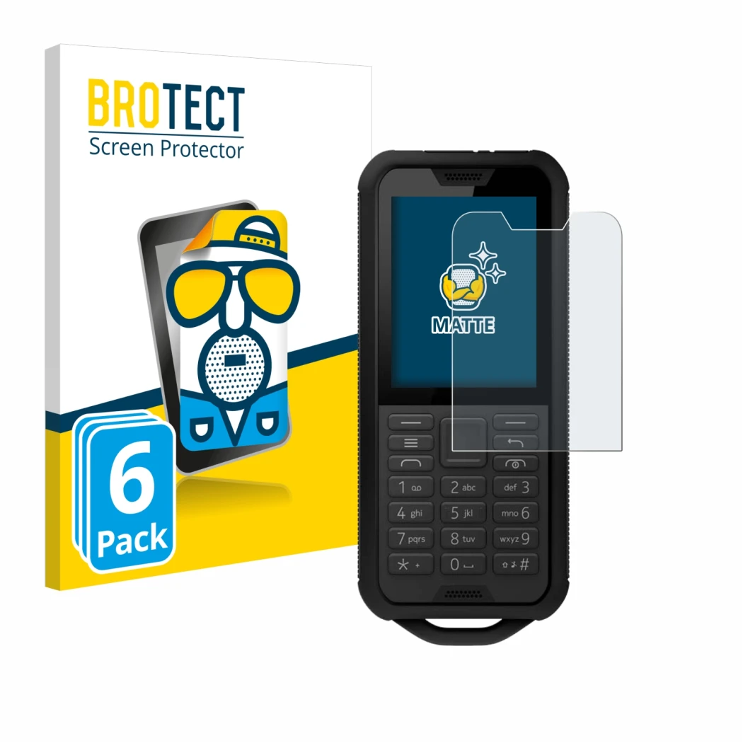 Parte frontal de un envase de producto con el logotipo de la marca BROTECT. Al lado se muestra el dispositivo Nokia 800 Tough