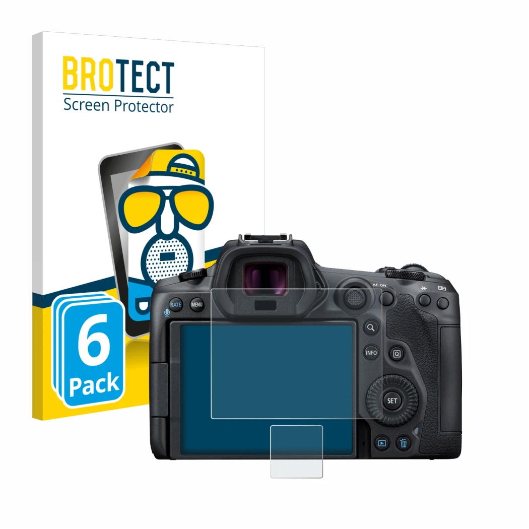 Parte frontal de un envase de producto con el logotipo de la marca BROTECT. Al lado se muestra el dispositivo Canon EOS R5 con