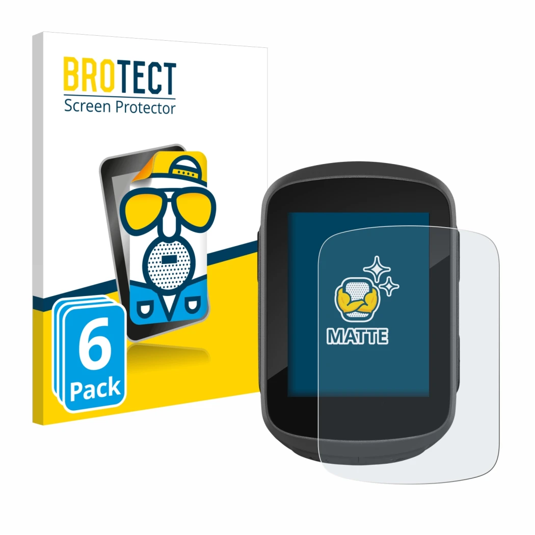 Parte frontal de un envase de producto con el logotipo de la marca BROTECT. Al lado se muestra el dispositivo Garmin Edge 130